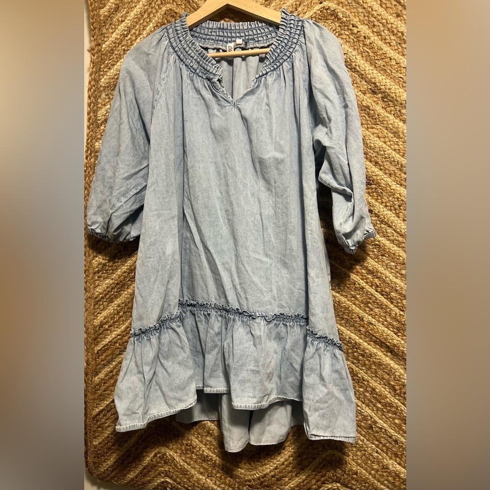 Elan Women's Faux Denim Smock Mini Dress,3/4 Puffy Sleeves, Size Small - Picture 1 of 11